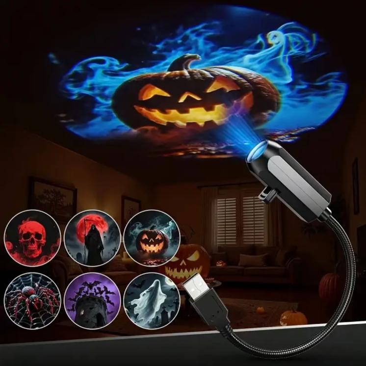 LED USB Projector Light 6pcs Projection Patterns - Adjustable USB Night Light for Halloween Festival Decorations