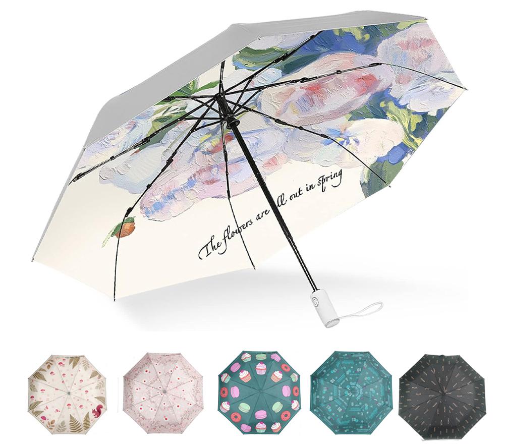 Custom Logo Sun Umbrella for the Rain Compact Parasol with Silver Folding 3 Fold 8 Ribs Auto Open and Close for UV Protection