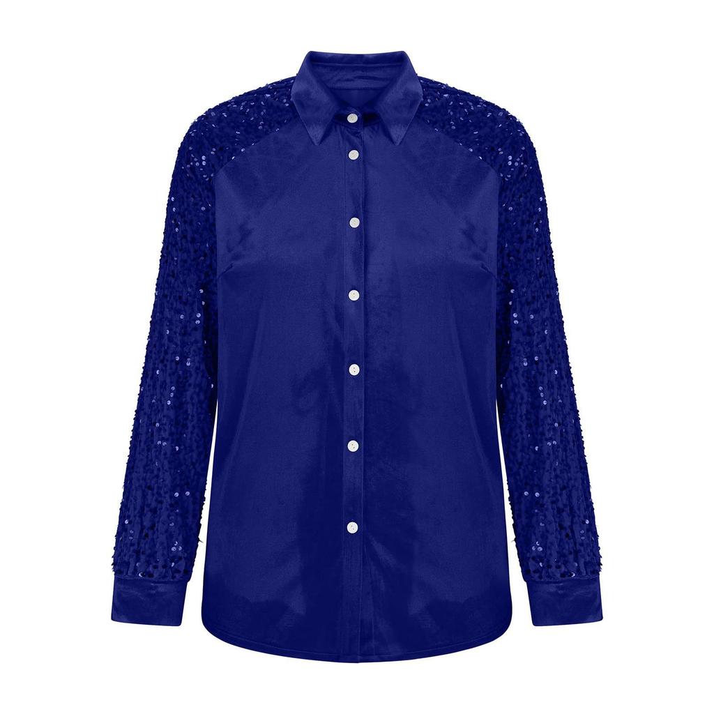 Haut chemise ample à manches longues en velours avec empiècements à paillettes pour femme - Automne