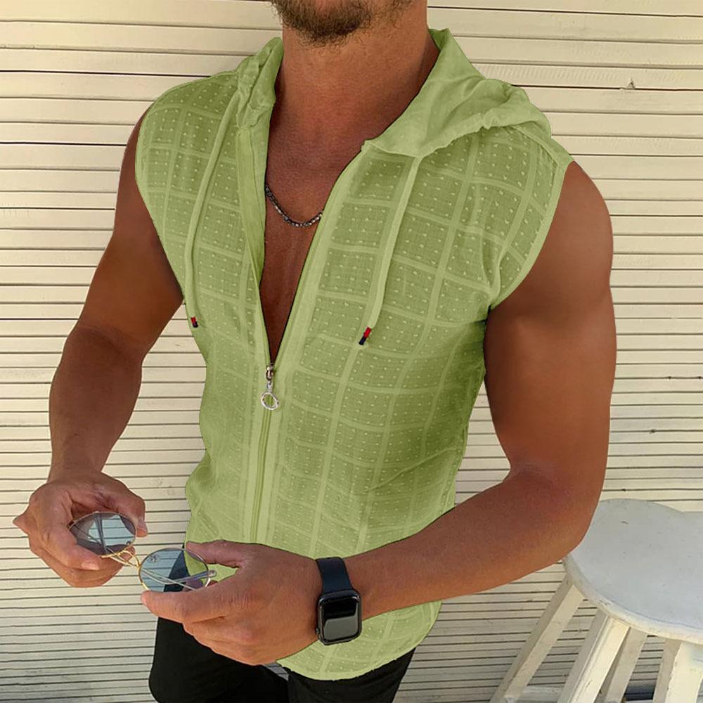 Plus Size Short Sleeved Hooded Zippered Cardigan T-shirt for Men's Summer New Fashionable Plaid Sleeveless T-shirt for Men's Lapel Top