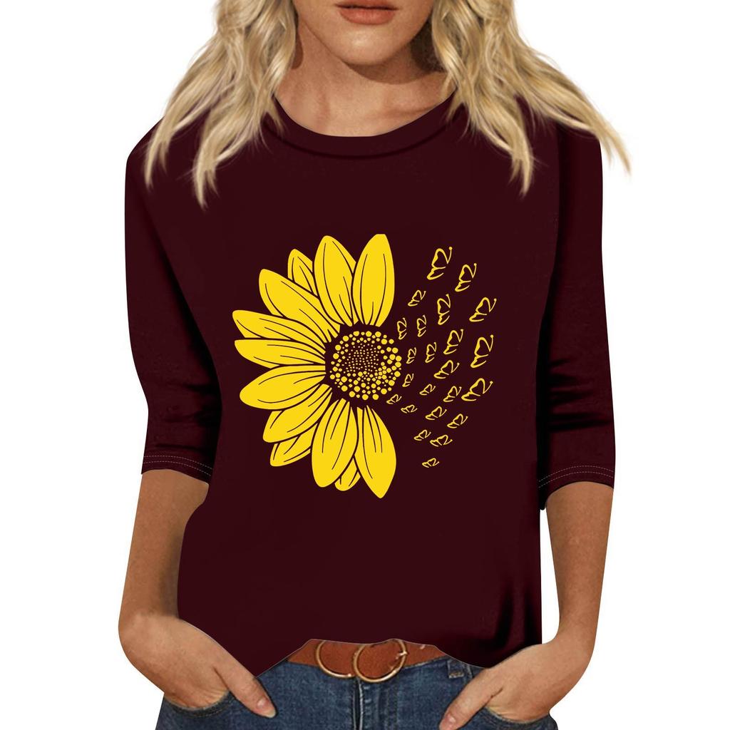 Women's Fashion Loose Casual Seven 3/4 Sleeve Printed Round Neck Pullover Top