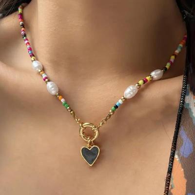 Bohemian Colorful Beads Chain Fashion Necklaces White Heart Pendant Jewelry For Women Valentine's  Accessories N0463