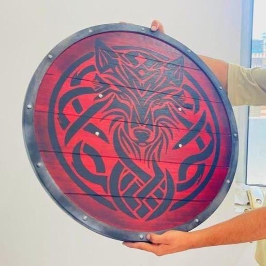 Vikingův štít Fenrir, Dřevěný štít s červeným vlkem, Severský LARP Cosplay