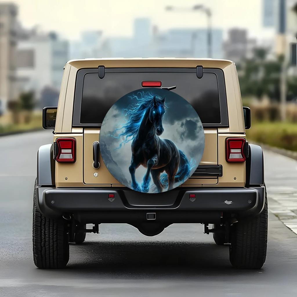 2D Flat, Blue Glowing Horse Design Spare Tire Cover - 2D Printed Polyester Wheel Cover For SUV, Truck, RV, Camper - Fit, Vehicle