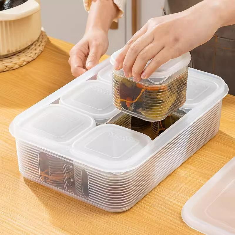 Crisper 6 Grids Refrigerator Storage Box Divided With Scale Frozen Soup Box Trasparent Sealed Fresh-Keeping Box Spices