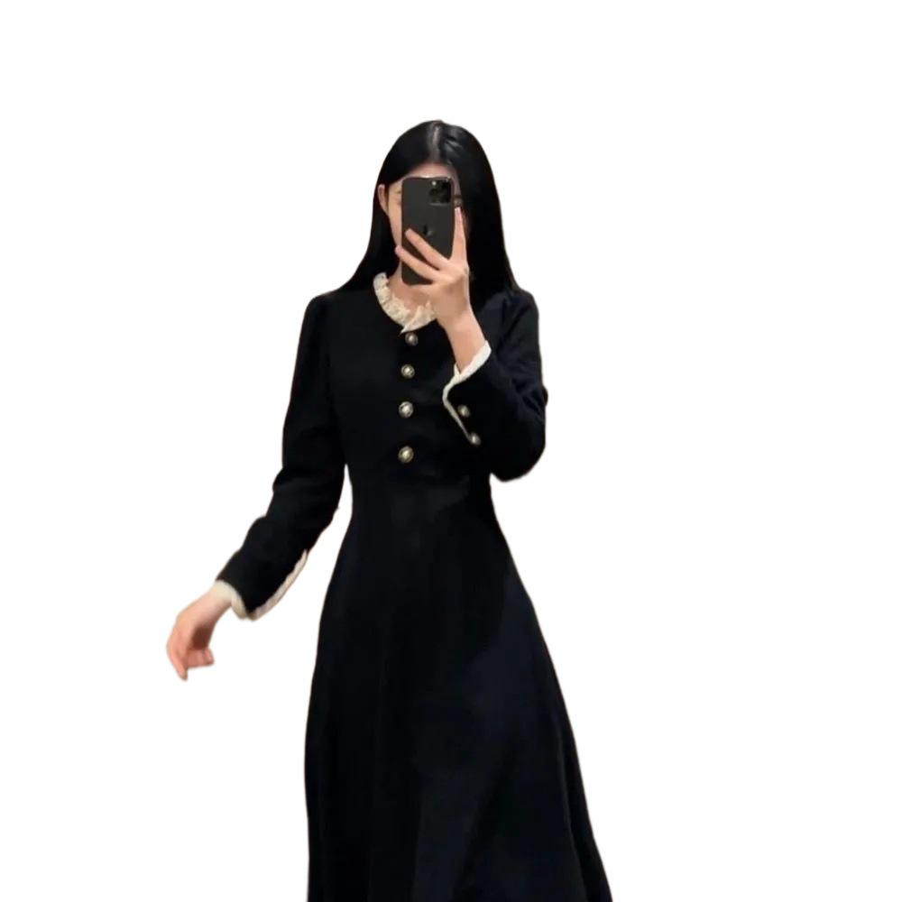 Women's Large Hepburn-Style Black Corduroy Dress: 2024 Autumn/Winter, Waist-Slimming Mid-Length