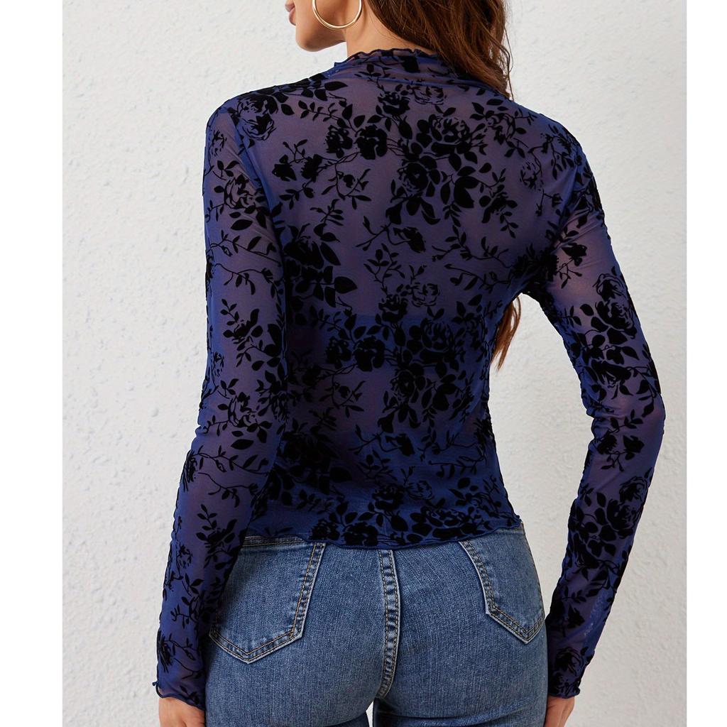 Women's Solid Color Bra Free Stand Up Collar Mesh Base Shirt Long Sleeved Top Top