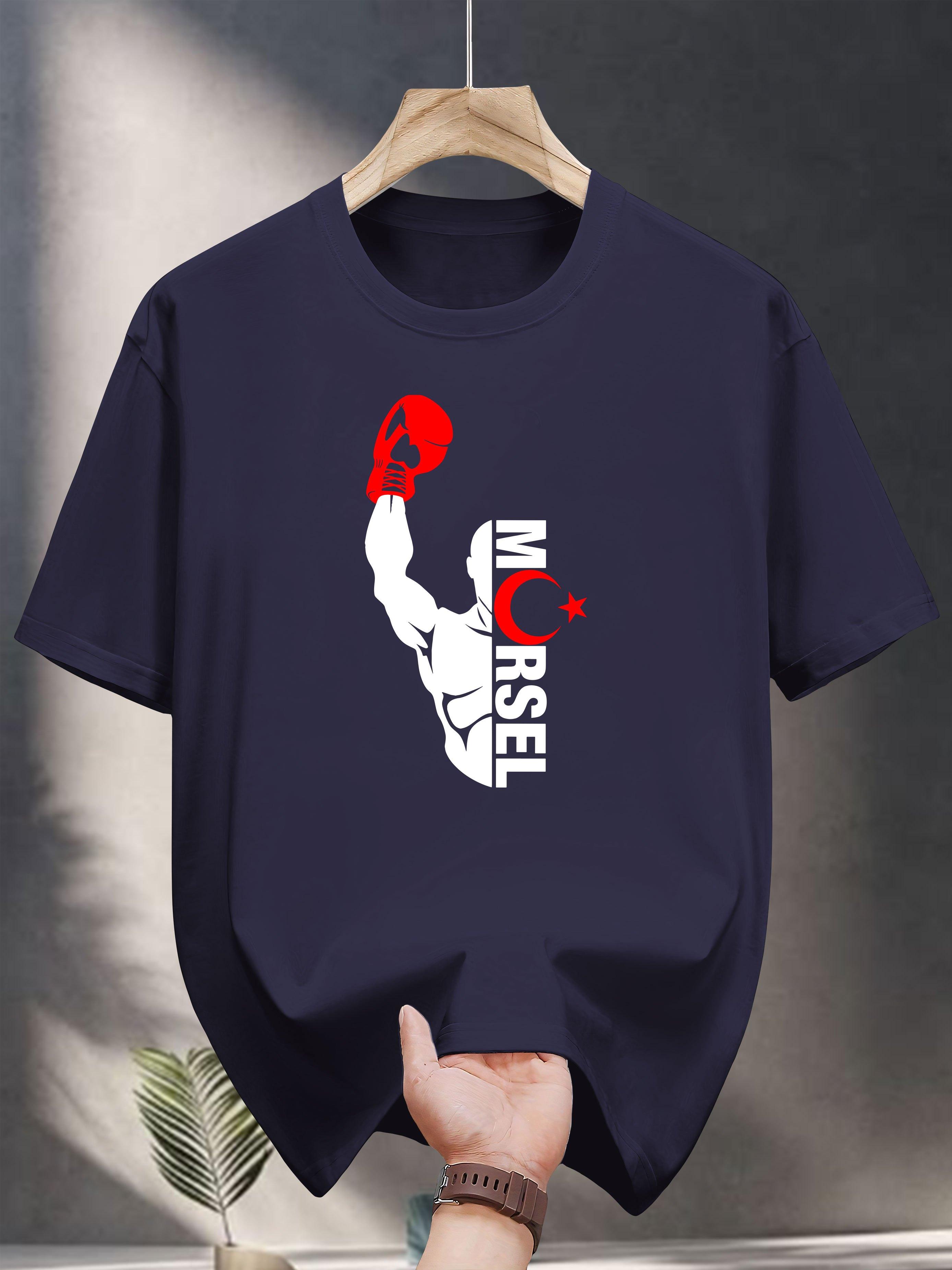 

Graphic Print T-shirt - Navy Blue Casual Short Sleeve Round Neck Summer Tee with Flexed Bicep & Stars Design M