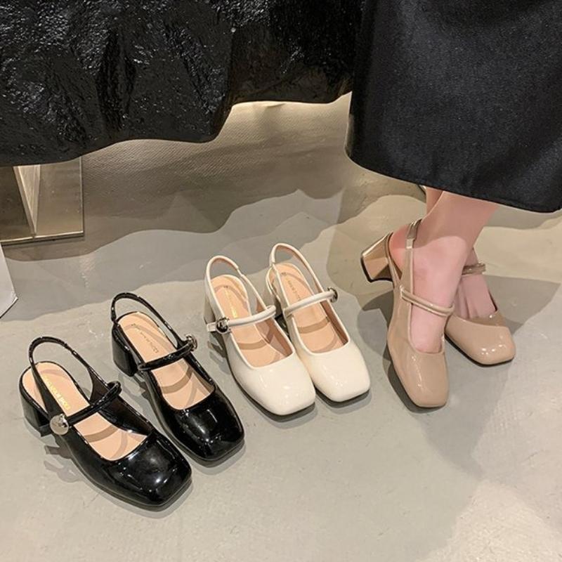 Thick Heel Sandals Women's New Summer Shoes Buckle Strap High Heels Comfortable Leather Slip-On Pumps