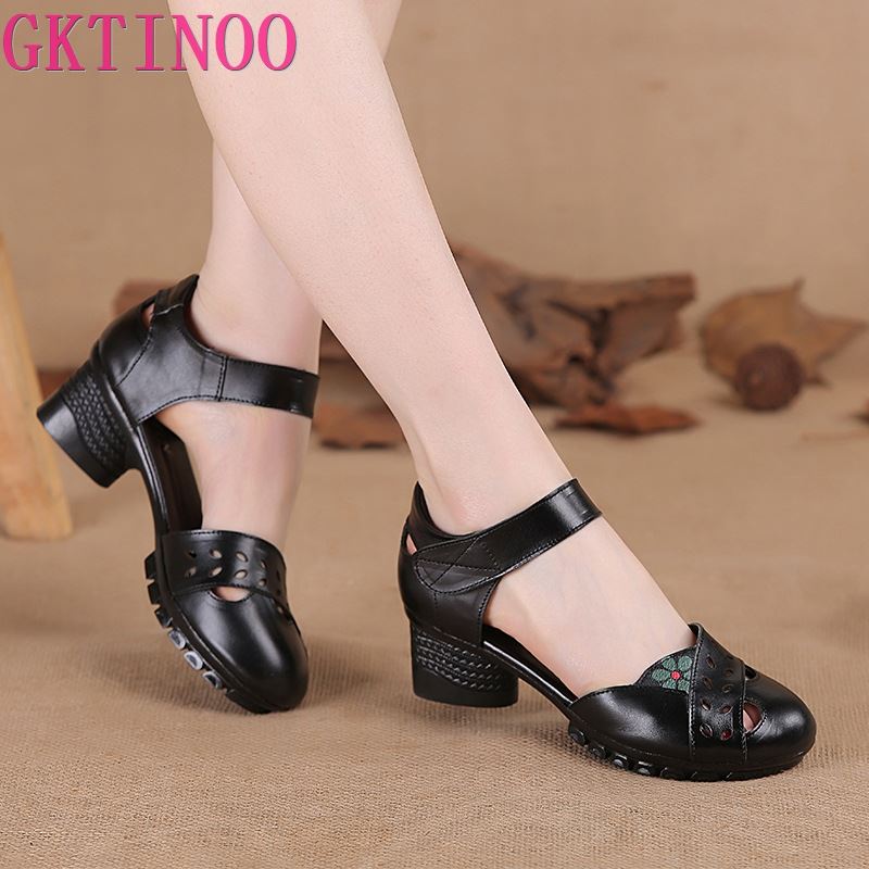 Fashion GKTINOO 2025 Summer Genuine Leather Shoes Gladiator Sandals Women 5cm High Heels Classic Black Round Toe Hollow Ladies Sandals