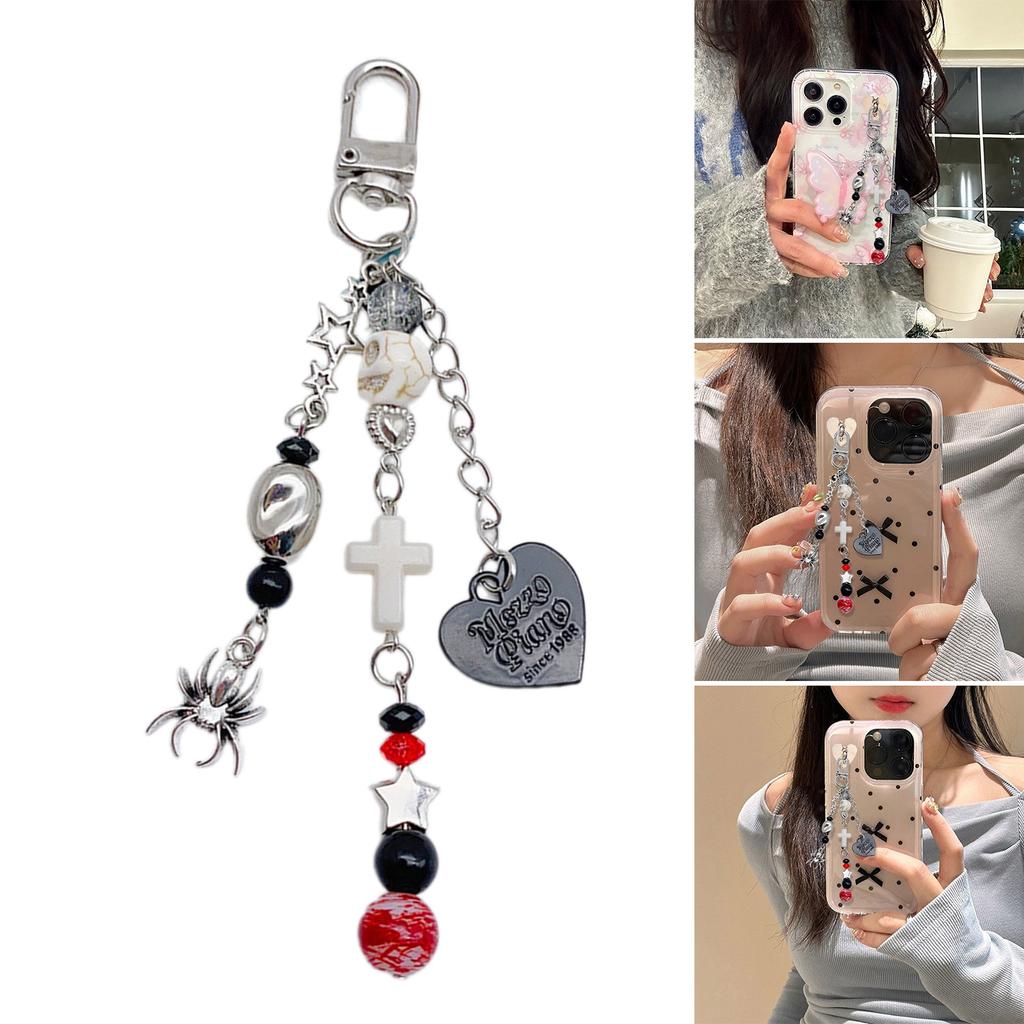Unique and Stylish Beaded Keyring Dark Themed Skull Heart Cross Pendant Keychain Accessory for Fashion Enthusiasts