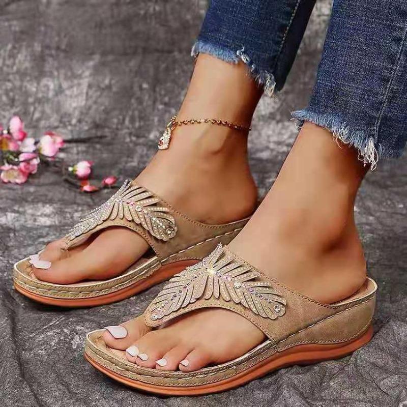

2 New slippers women s summer fashion rhinestone wedge sandals large size thick-soled pinch flip-flops 43
