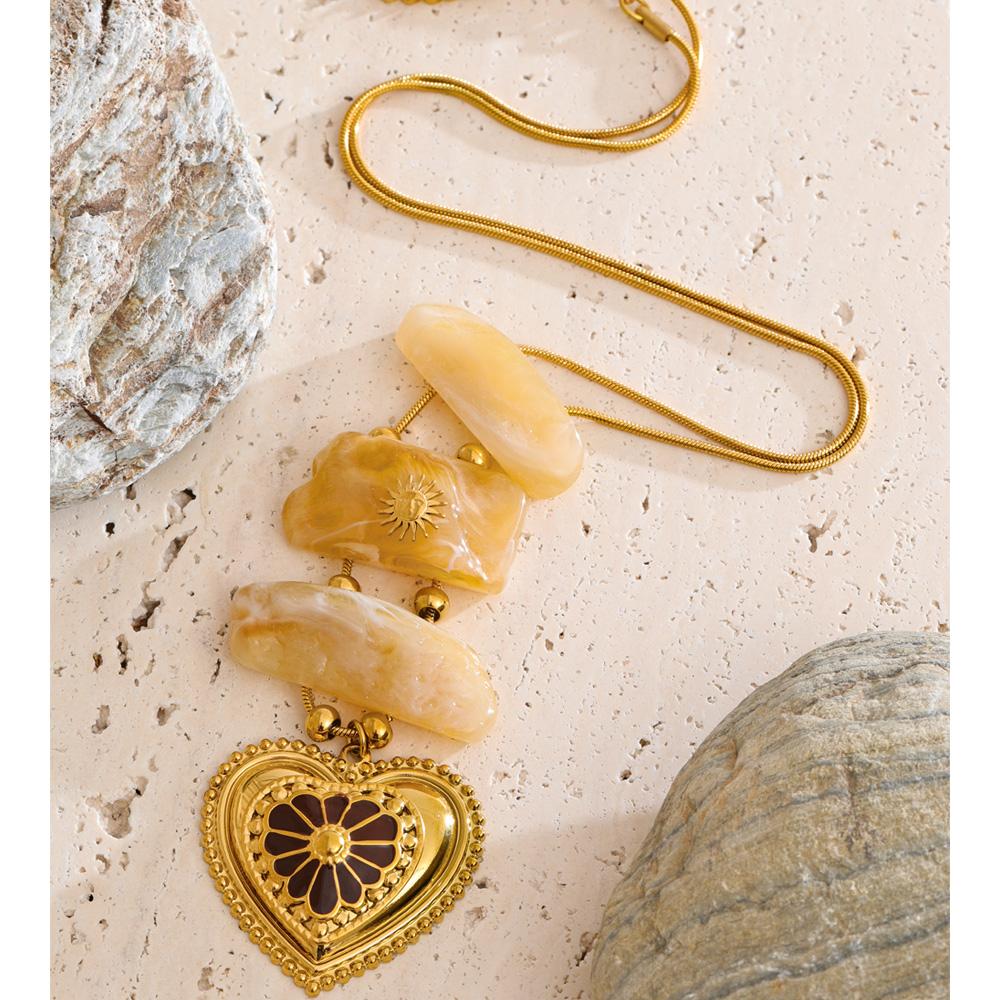 Eetit Exclusive Resin Imitation Stone Rectangle Heart Pendant Necklace Stainless Steel Fashion Statement Jewelry Waterproof