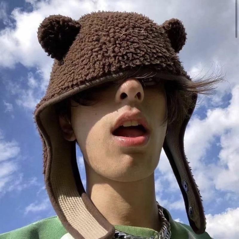 Brown Bear Ear Hat Scarf Beanies Men Women Winter Safety Helmet Rockwool Magnetic Buckle Outdoor Protector Hat with Earflaps
