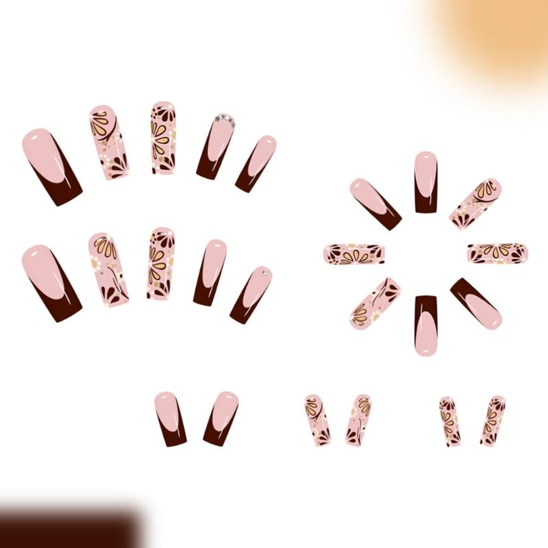 24PCS Shining Press On Nail French Floral Pattern Decoration Long Coffin False Nail Easy Application