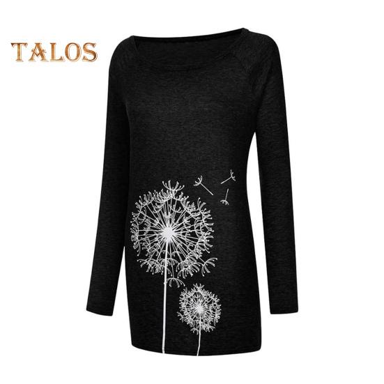 Tunique grande taille pour femme, imprimé pissenlit, chemise longue, col ras du cou, manches longues, pull-over, chemisier décontracté, coupe ample, pour le travail et la vie quotidienne