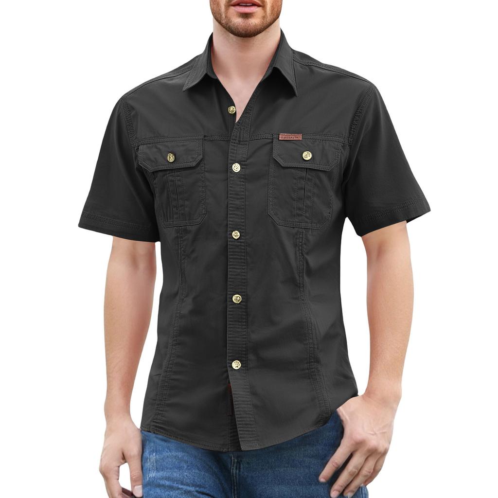 Men'S Shirt With Double Pockets Casual Short Sleeved Top Fashionable Cardigan