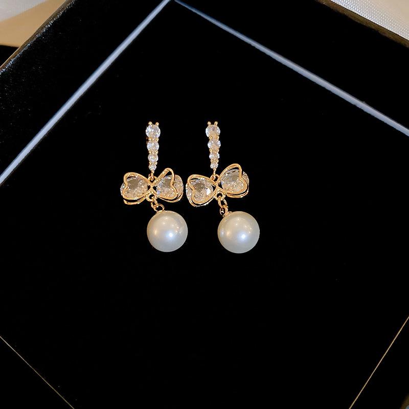 Elegant Gold-Plated Bow & Faux Pearl Earrings with Silver Needle