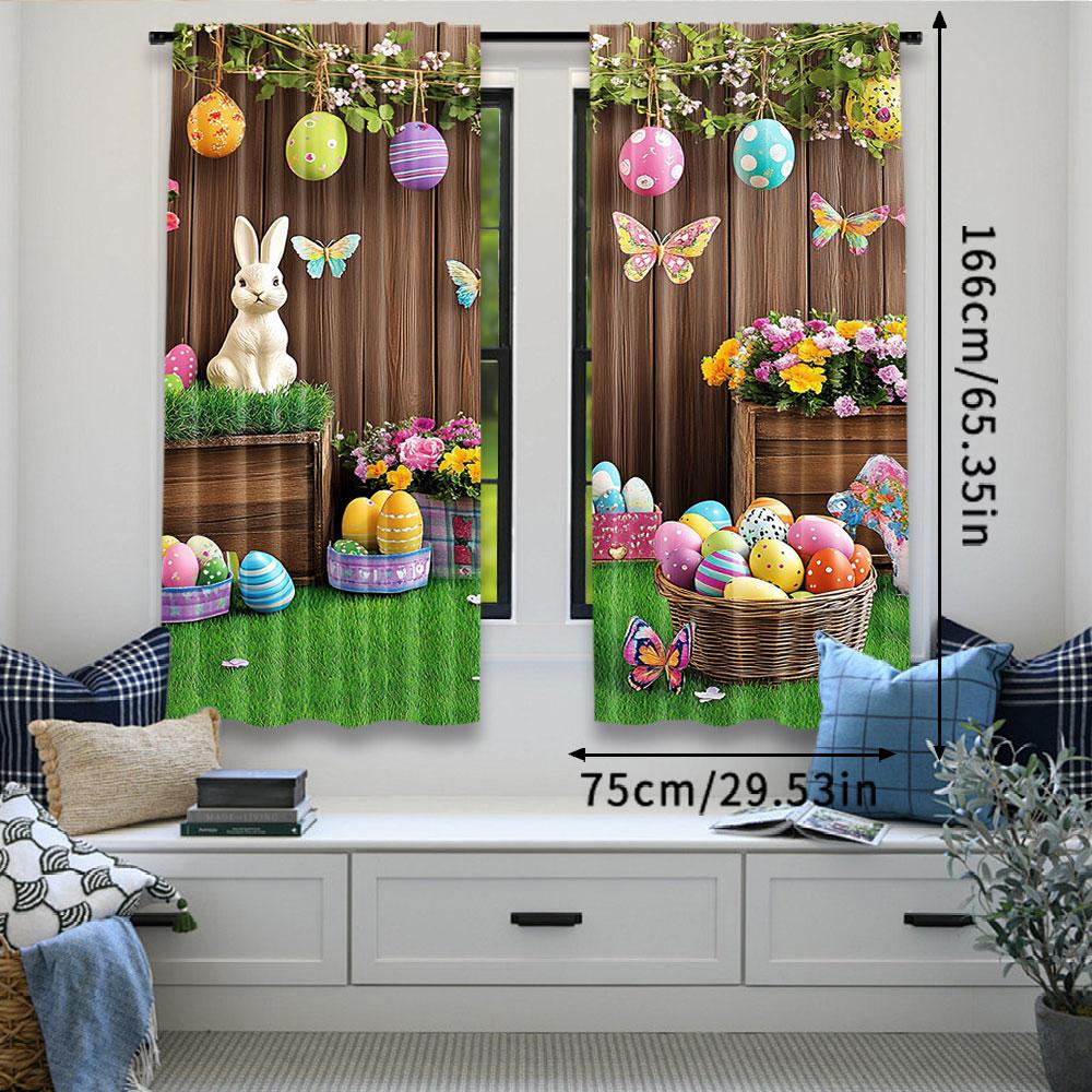 Set Of 2 Rustic Spring Easter Day Curtain Egg Rabbit Flower Butterfly Window Drapes Party Decoration Made Polyester