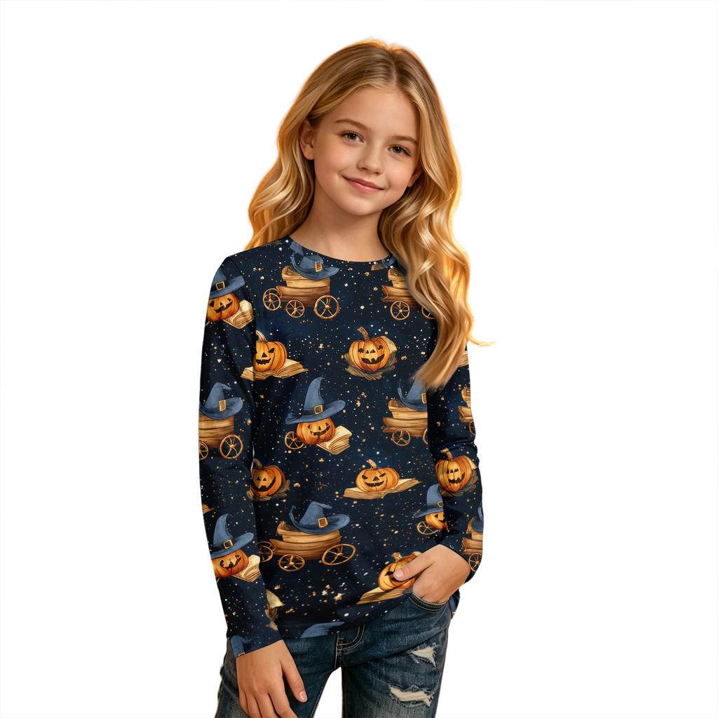 Kids' Long Sleeve Halloween Print T-Shirt with Round Neck for Everyday Wear