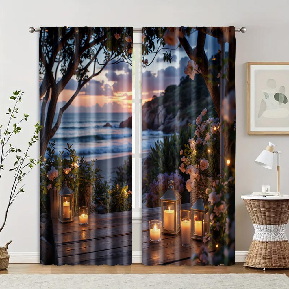 

2 pcs, filtering curtains (excluding rods, non-movable, without batteries) Sunrise Ocean View for use in bedrooms and living 29x65in(75x166cm)