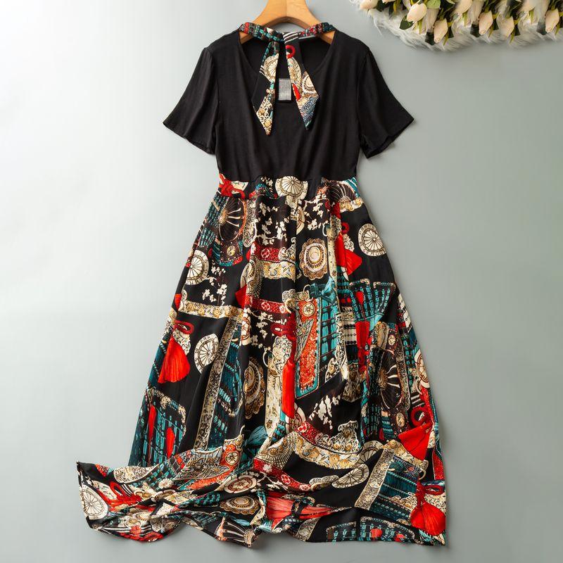 

Spring and Summer Foreign Trade Korean Style New Print Versatile Youth High Waist Slimming round Neck Short sleeve Pullover Dress Black/Black with white flowers 4XL