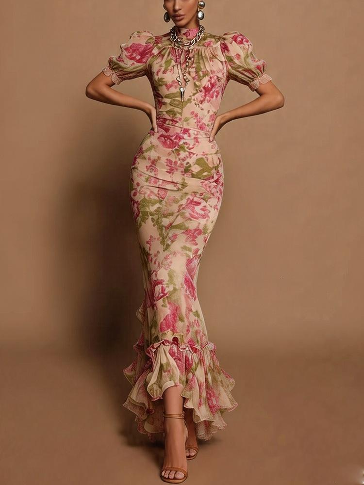 European and American summer printing temperament elegant bubble sleeve floral dress slim irregular fake dress