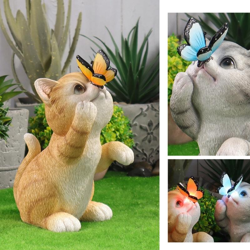 Garden Ornament Cats Solar Light Statue for Backyard Cafe Indoor Outdoor Statue Sculpture LED Cats Figurine Yard Lamp
