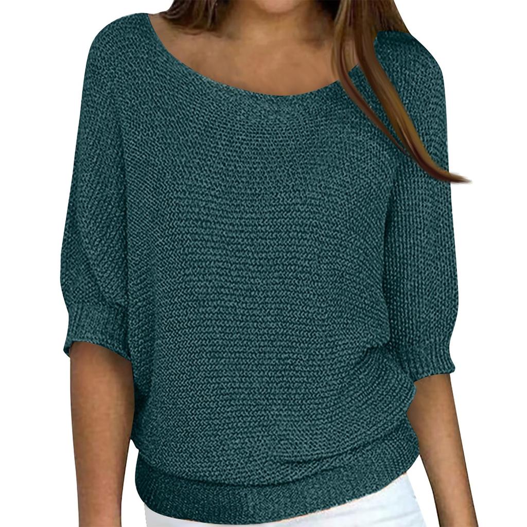 Women's Fashion Solid Color Round Neck 3/4 Sleeve Pullover Knitted Shirt Top