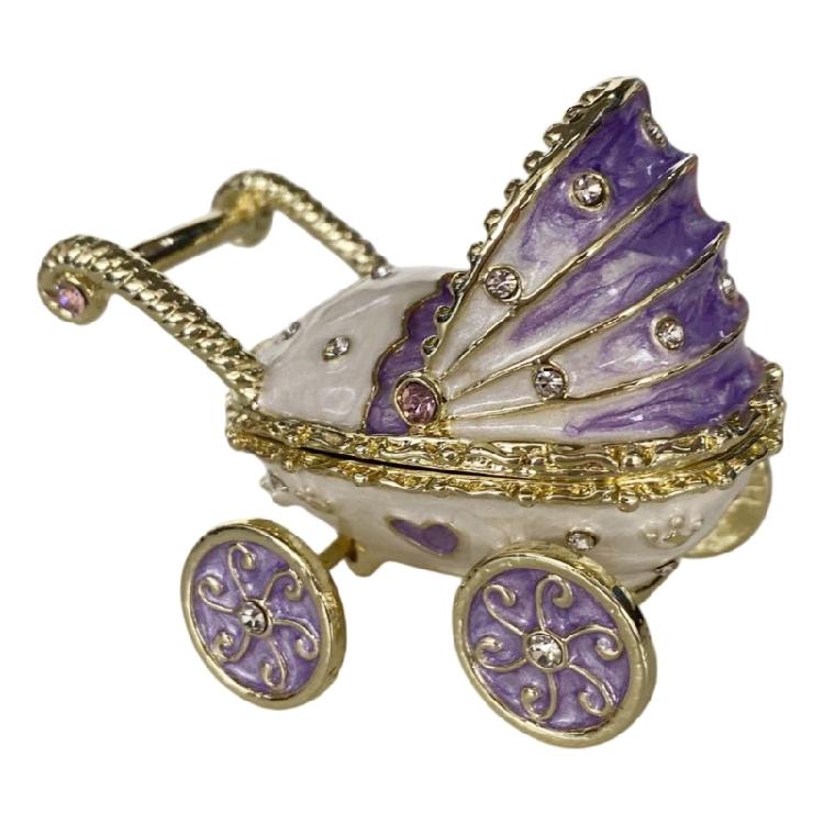 Enamel Coated Rhinestones Studded Metal Jewelry Box Baby Carriage Storage Container for Jewelry Organization