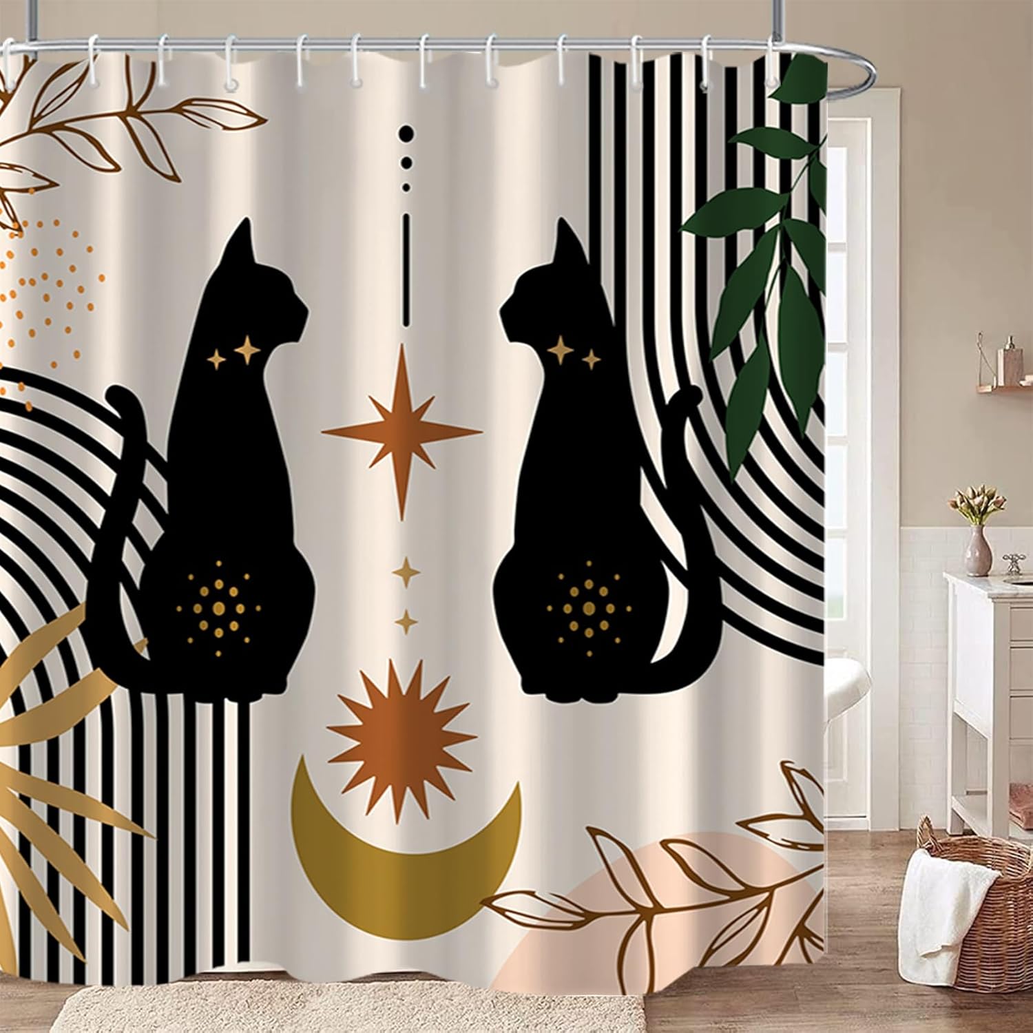 

Boho Mid Century Abstract Cat Shower Curtain, Minimalist Cute Feline Bathroom Decor with Hooks 90x180CM