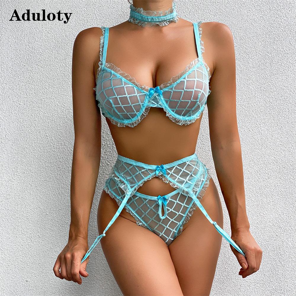

Aduloty Женщины Сексуальные Романтические Кружева Нижнее белье Лето Тонкая секция Перспектива Эротическое белье Нижнее белье Бюстгальтер Четыре части Комплект
