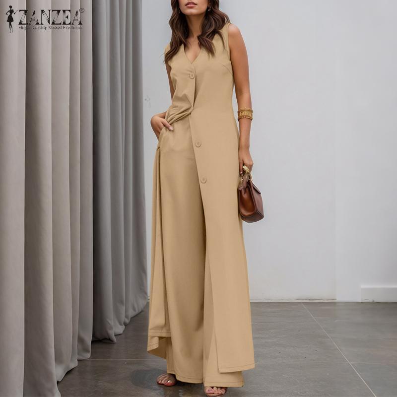 ZANZEA Trajes casuales de dos piezas para mujer, chaleco largo sin mangas y pantalones