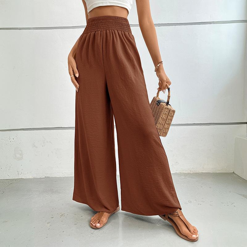 Summer High-waisted, Casual, Simple Solid-color Loose-fitting Wide-leg Pants with Elastic Waists