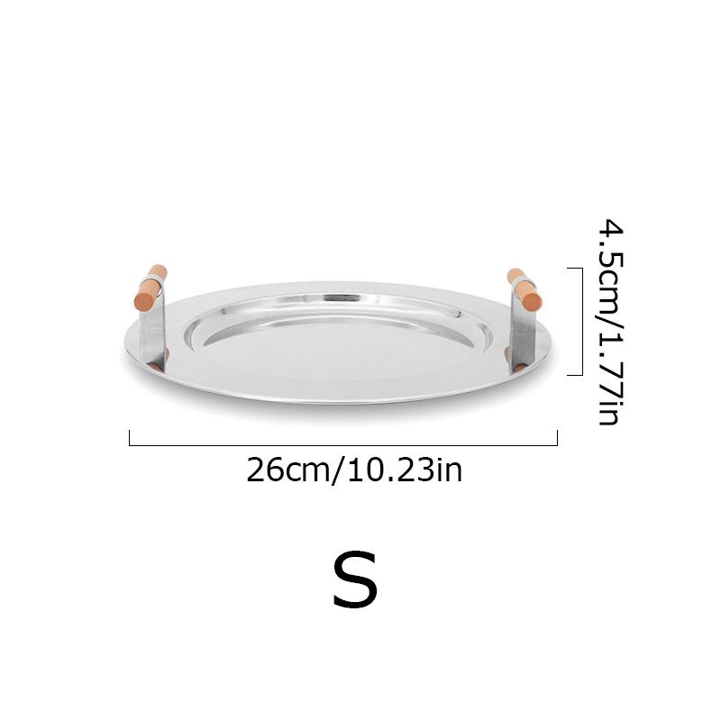 1PC Electroplating Color Decoration Stainless Steel Scandinavian Storage Round Tray Ins Wind Round Tray Wooden Handle