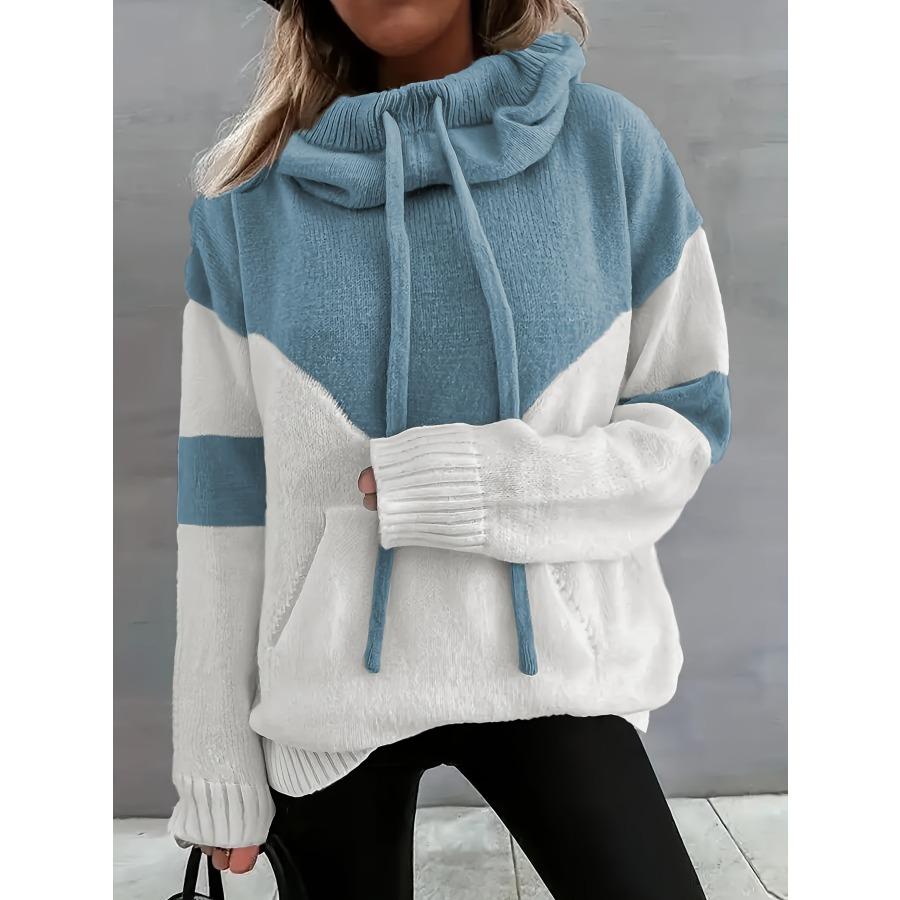 Color Block Drawstring Hooded Sweater, Casual Long Sleeve Pullover Sweater With Pocket, Women's Clothing