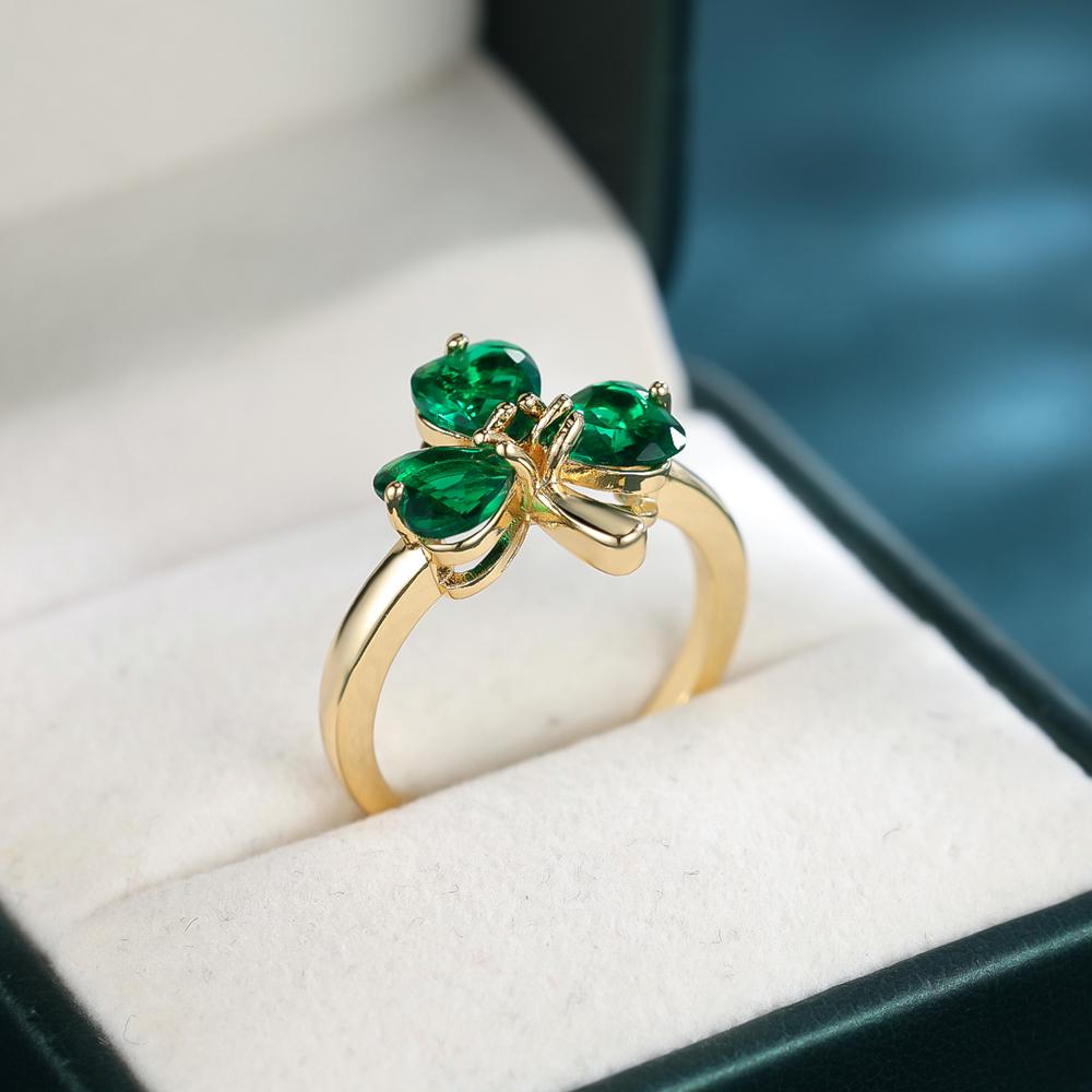 Fashion Green Crystal Three-leaf Clover Ring for Women Girls Gold Color Lucky Rings Wedding Party Jewelry Gift