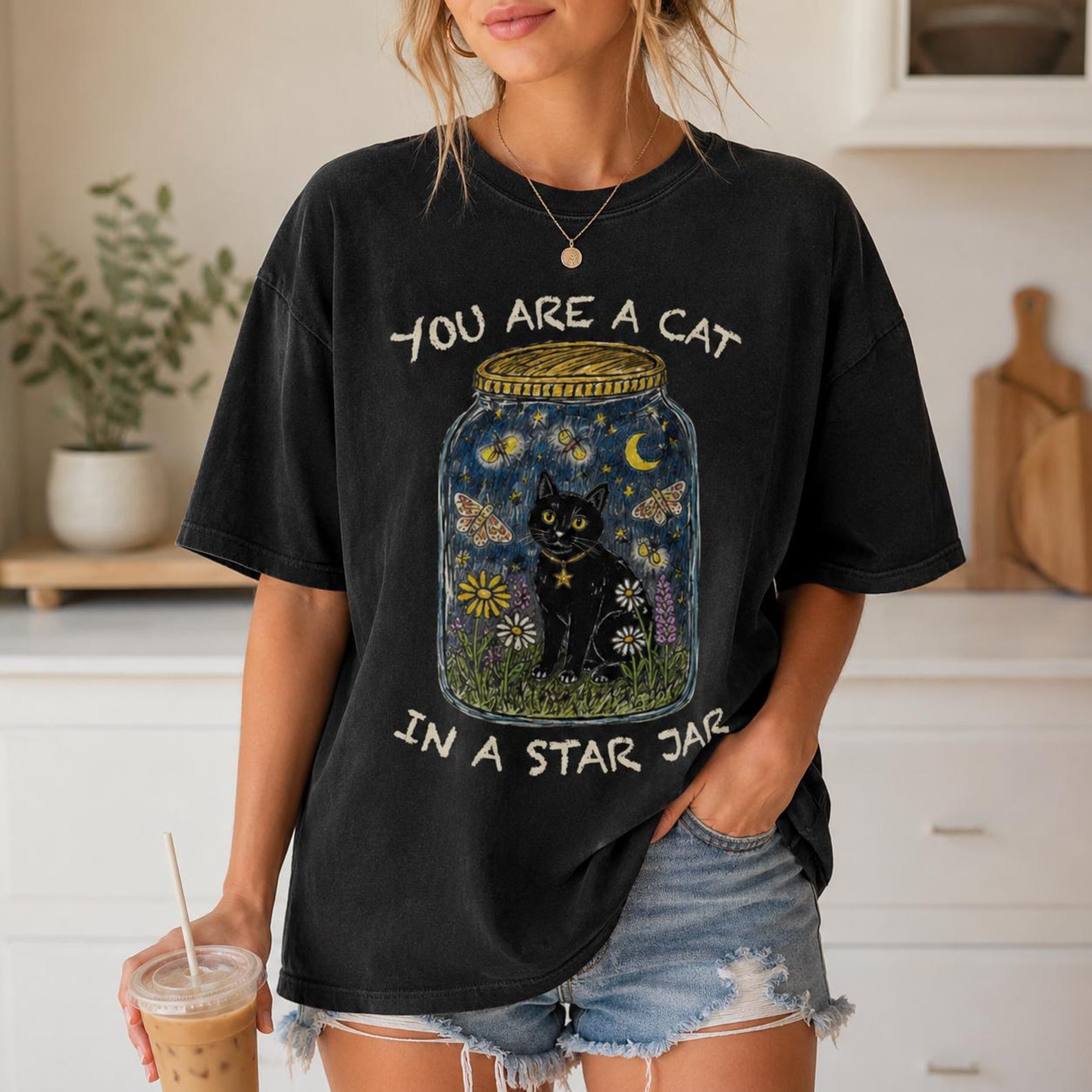 You Are A Cat Shirt, Comfort Colors Red Star Jar Tee, Cute Black Cat Floral Graphic Gift for Women Mom, Cottagecore Cat Lover Tee Gift 4XL