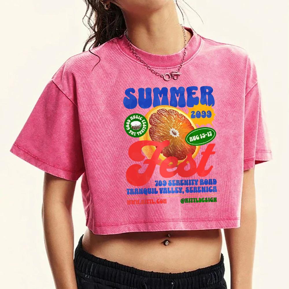 Summer Orange Drinking Prints Womens Washed Tee Shirt Fitness Soft Crop Top Sport Cotton T-Shirt
