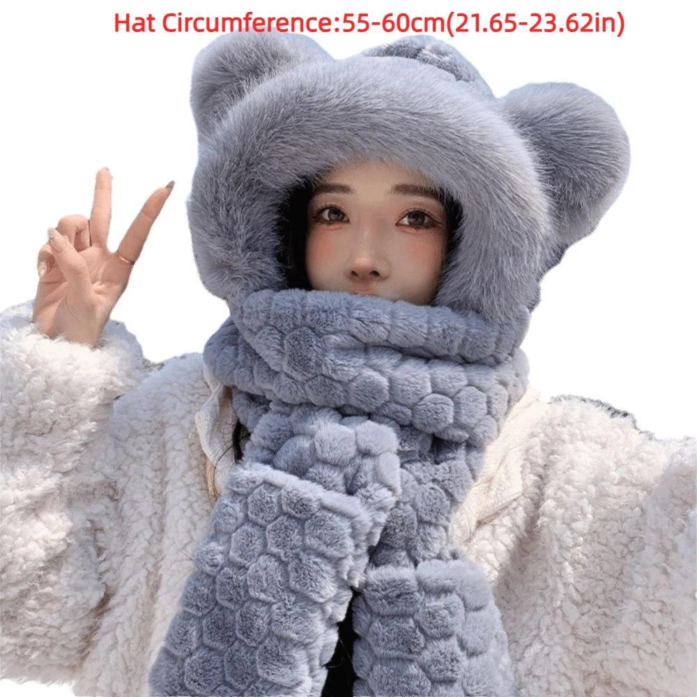 Warm 3-in-1 Cap Scarf Gloves Set Winter Integrated Cap Scarf Bear Ear Hooded Scarf for Women