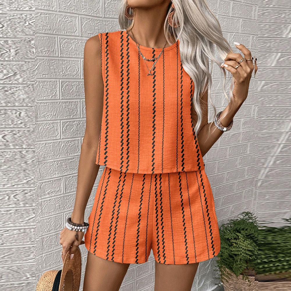 Women's Sleeveless Striped Tank Top and Shorts Set In Beige with Black Stripes | Casual Summer Two Piece Outfit