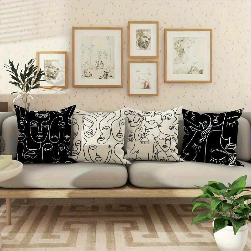 4Pcs Abstract Face Line Art Pillowcase Modern Black And White, Zipper Polyester Fiber Sofa And Bedroom Decorative Pillowcase, Ma