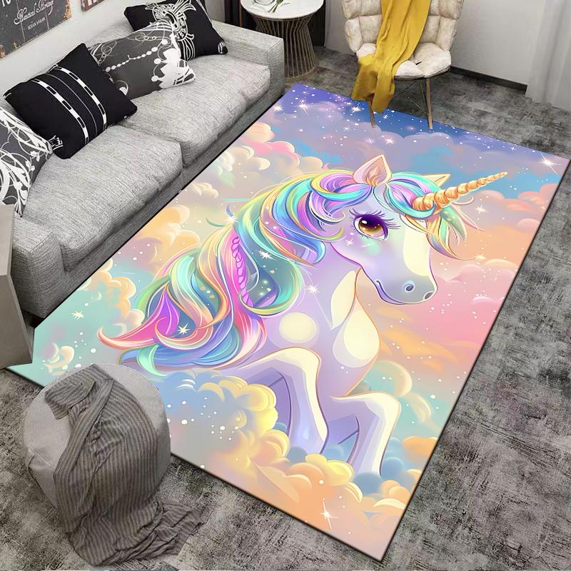 Colorful Unicorn In Starry Sky Fantasy Clouds Carpet Print Design Suitable for Use As an Anti-slip for Living Room Bedroom Sofas