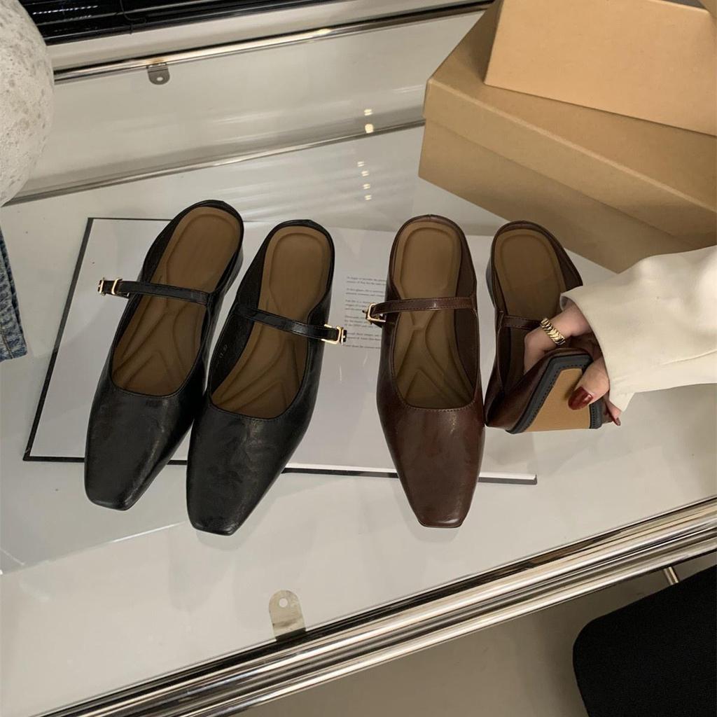 Baotou Half Slippers Women's Summer Outer Wear Spring and Autumn New Korean Version French Evening Breeze Temperament Silver Single Shoes Thick Heel S