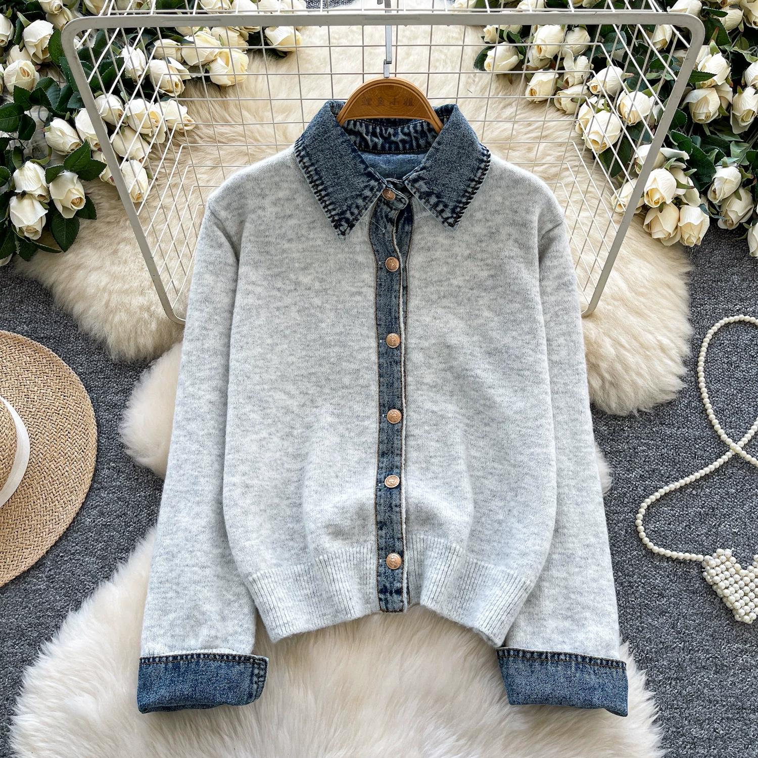 Осенний Зимний Женский Винтажный Однобортный Джинсовый Пэчворк Вязаный Свитер Кардиган Пальто One size слоновая кость