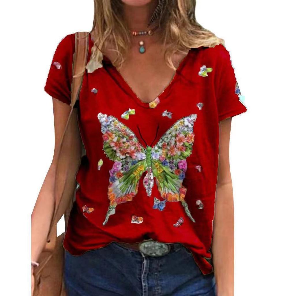 Fashion Spring  Butterfly Print Blouses Short Sleeved V-Neck T Shirts Casual