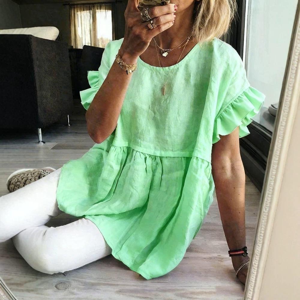 Women Solid Round Neck Ruffle Short Sleeve Blouse Loose Pleated Tunic Top Casual Summer Shirt