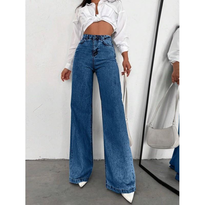 Womens High-Waisted Straight Leg Wide Fit Denim Pants Water Washed Cotton Blend Casual Office Wear