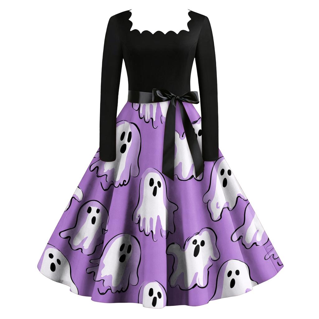 Women Vintage Long Sleeve Square Neck Halloween Print Party Dress Retro Style Full Skirt with Waist Tie Belt