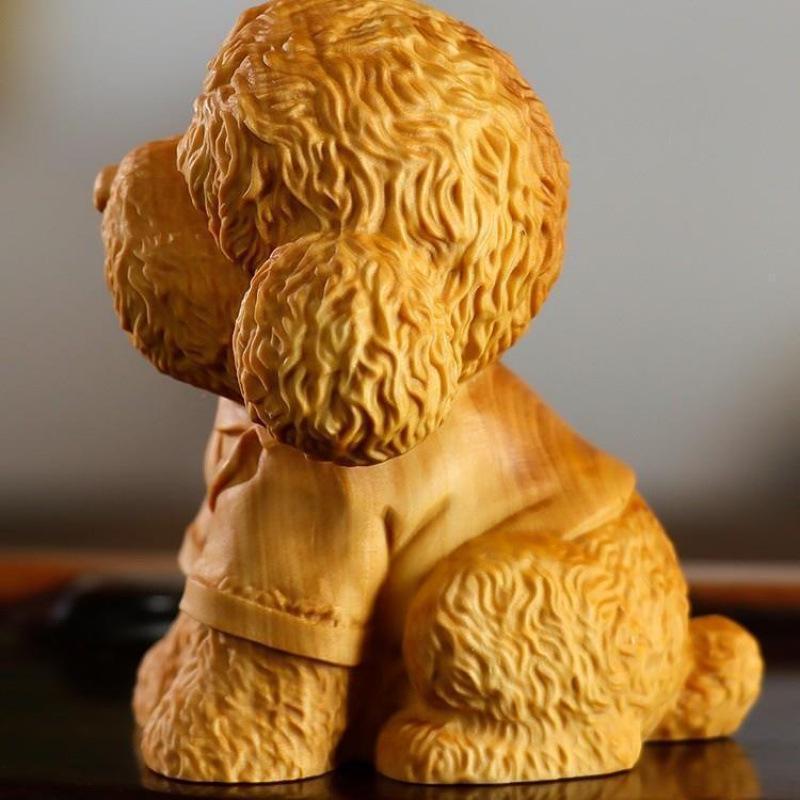 Cliff Cypress Wood Carved Teddy Dog Tea Pet - Zodiac Puppy Ornament for Home Decoration